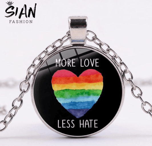 Necklace with round black pendant rainbow heart with saying More Love Less Hate