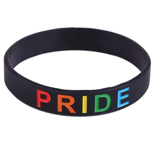 Bracelet arc-en-ciel étroit en noir et en silicone avec inscription Pride