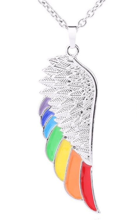 Necklace with wing pendant and bright feathers in rainbow colors