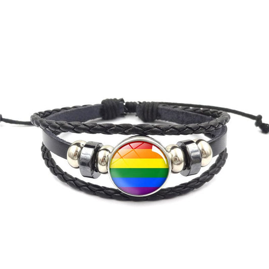 Leather bracelet with removable rainbow button