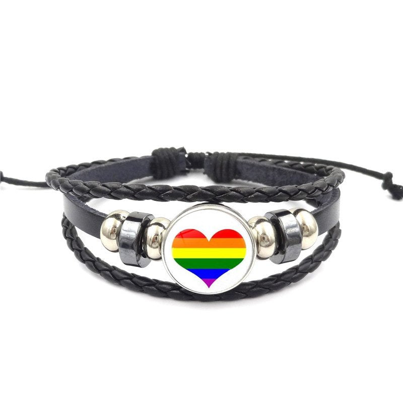 Bracelet En Cuir Avec Bouton Amovible Coeur Arc-en-ciel