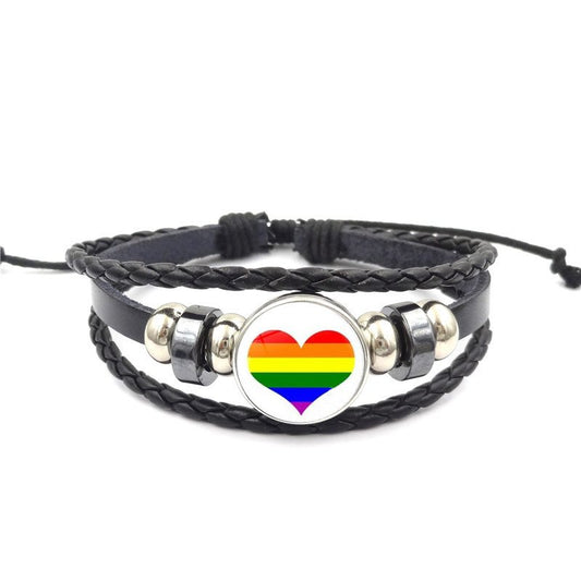 Leather Bracelet With Removable Button Rainbow Heart