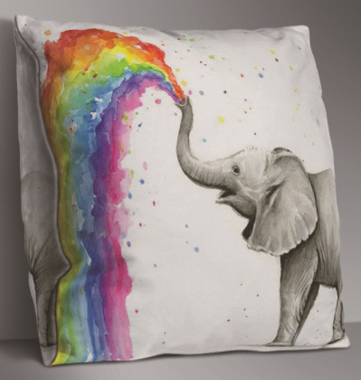 Cushion cover in white with happy rainbow elephant