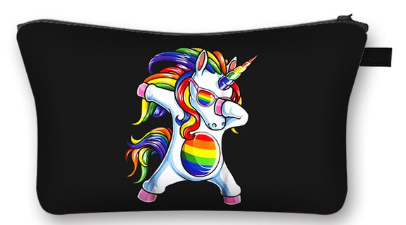 Practical cosmetic bag in black unicorn with rainbow belly