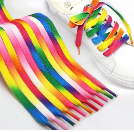 Rainbow colored shoelaces available in two different sizes