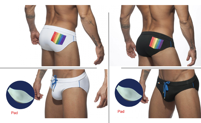 Swim Trunks Slip In White Or Black With Pad And Rainbow Pocket