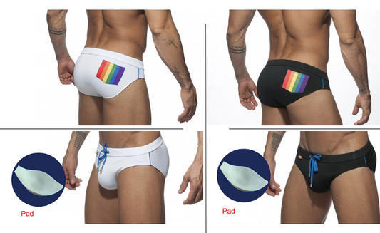 Badehose Slip In Weiss Oder Schwarz Mit Pad Und Regenbogentasche