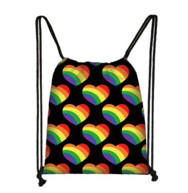 Black Backpack With Drawstring Rainbow Hearts