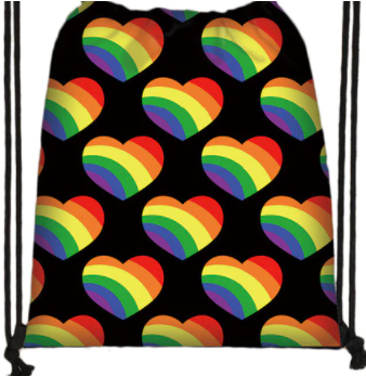 Black Backpack With Drawstring Rainbow Hearts