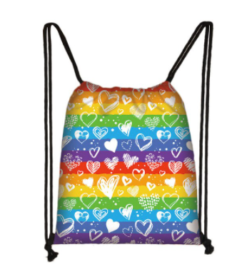 Drawstring backpack with rainbow colors and many hearts