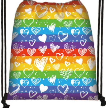 Drawstring backpack with rainbow colors and many hearts