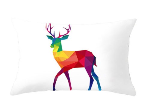 White cushion cover with rainbow moose