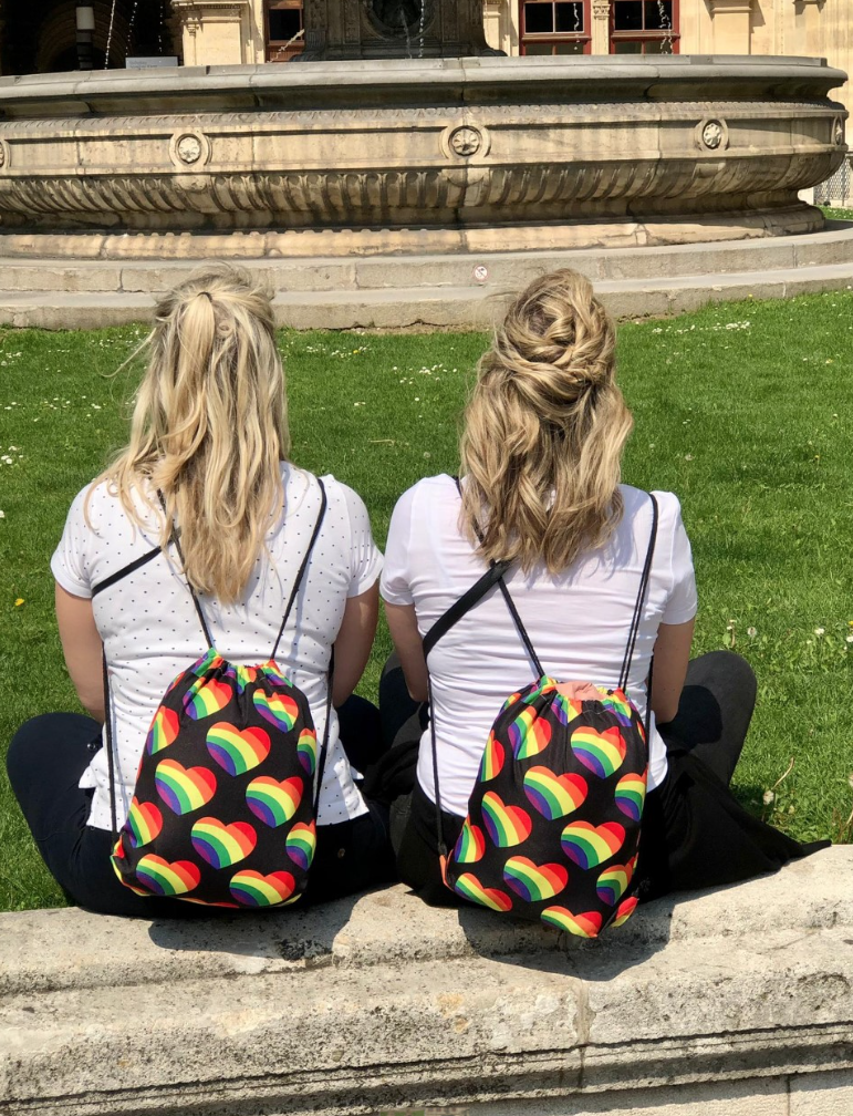 Black Backpack With Drawstring Rainbow Hearts