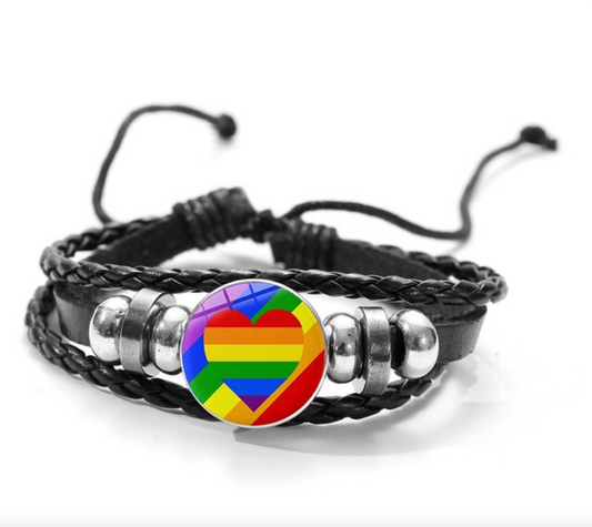 Bracelet En Cuir Avec Bouton Arc-en-ciel Amovible Coeur